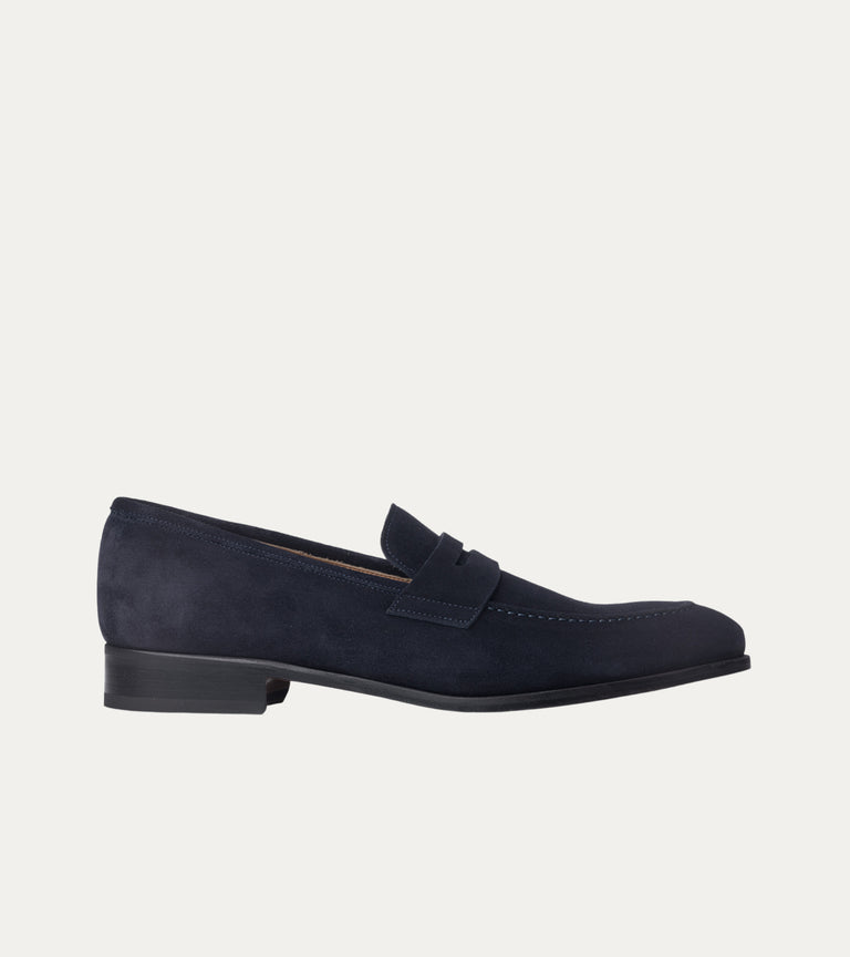 Men's navy blue Italian suede leather penny loafer dress shoes