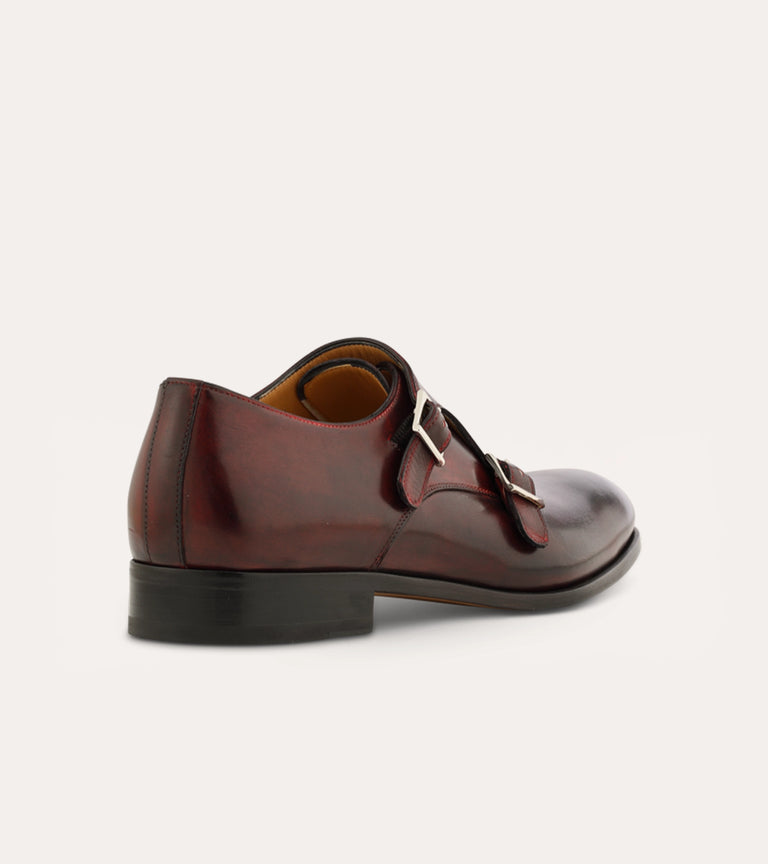 Men's dark brown Italian leather double monkstrap dress shoes.