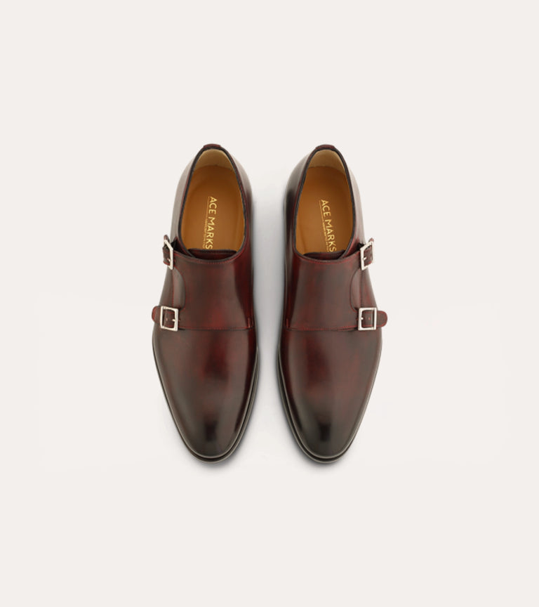 Men's dark brown Italian leather double monkstrap dress shoes.