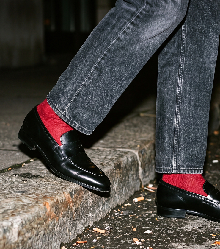 Man walking on street wearing jeans, red socks and men's Italian black leather penny loafer dress shoes.