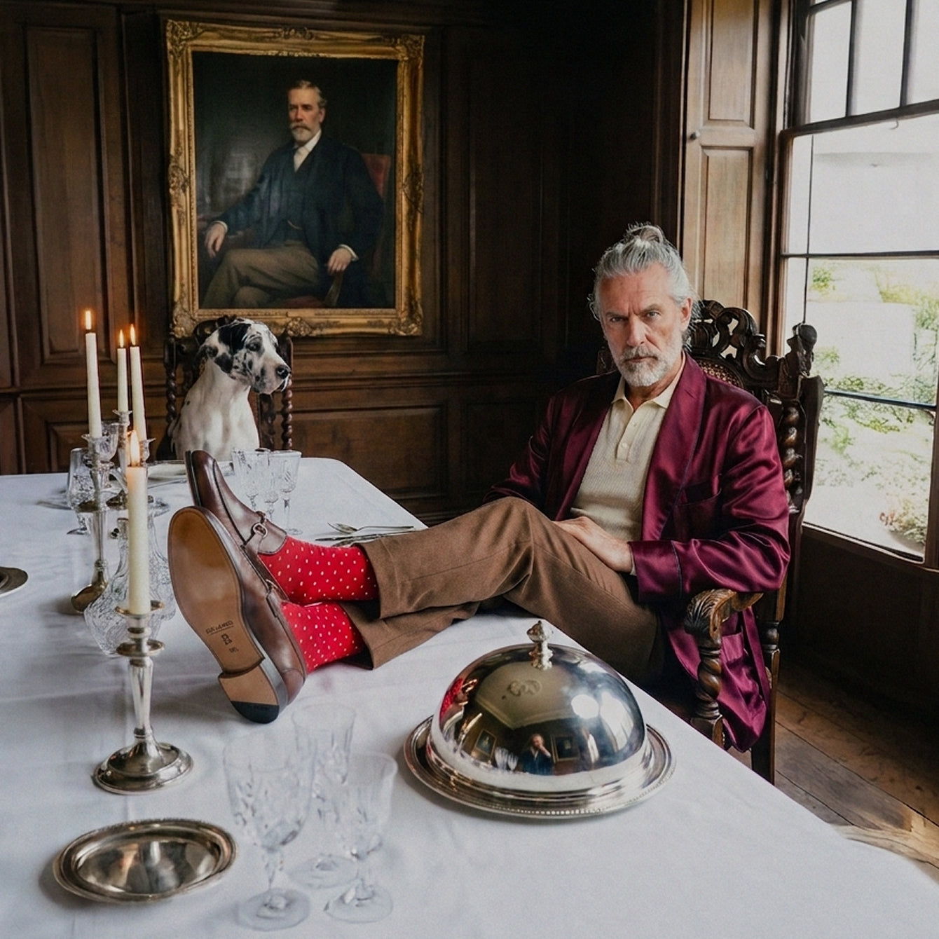 Man sitting at dining table wearing men's brown Italian leather loafer dress shoes