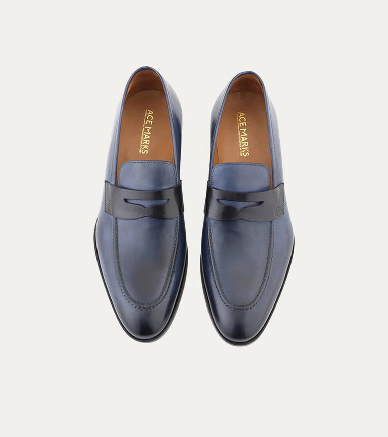 Penny Loafer Avio Antique And Black Leather - Ace Marks
