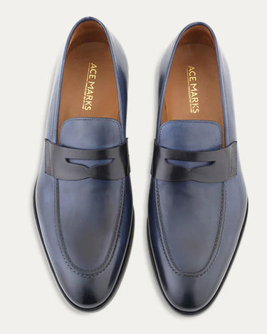 Penny Loafer Avio Antique And Black Leather - Ace Marks