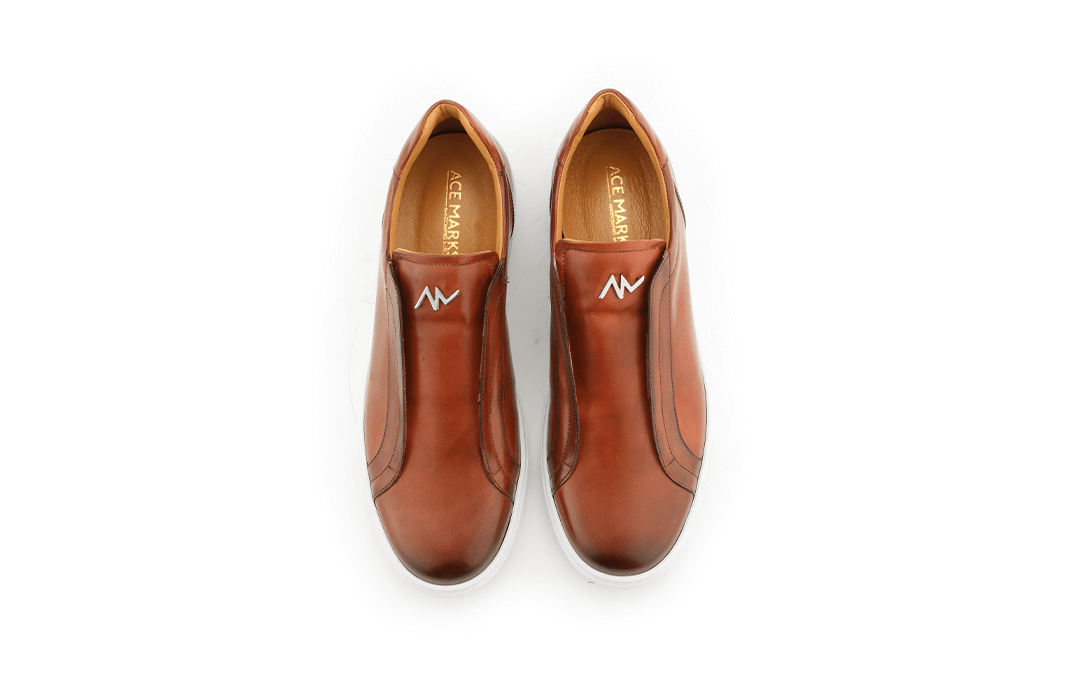 Cognac leather sales slip on sneakers