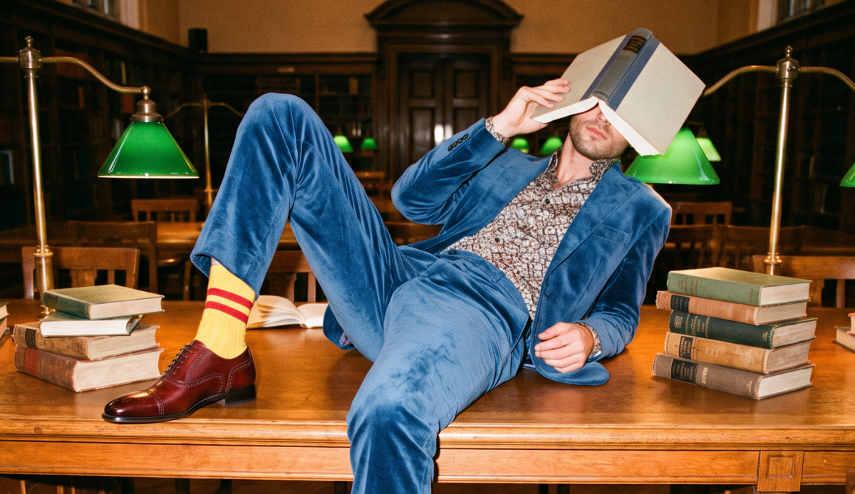A man lounges on a wooden table in a library setting, wearing a blue velvet suit, a patterned shirt, yellow socks, and men's brown oxford Italian leather dress shoes while holding a book over his face. Books and green-shaded lamps are visible around him.