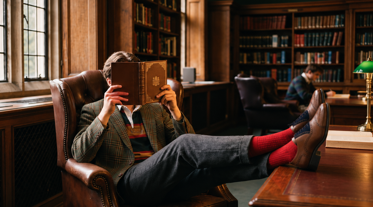 A person relaxes in a leather armchair in a wood-paneled library, holding a book to their face with their legs stretched out on a wooden table. The person is wearing a plaid blazer, dark trousers, red socks, and men's  brown Italian leater dress shoes.