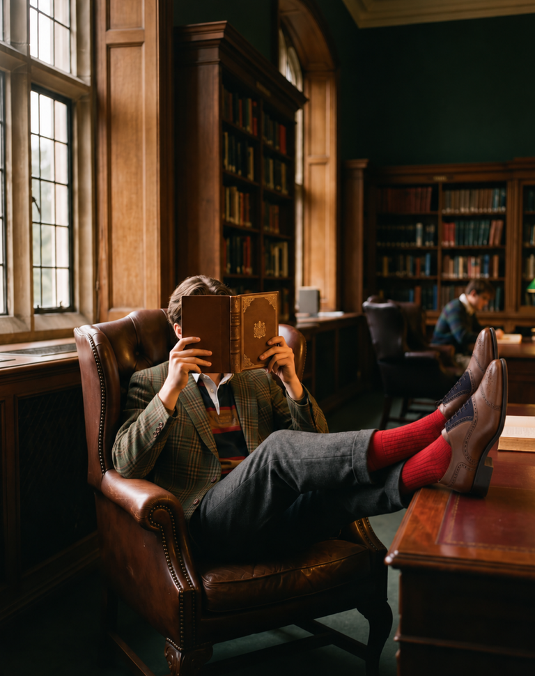 A person relaxes in a leather armchair in a wood-paneled library, holding a book to their face with their legs stretched out on a wooden table. The person is wearing a plaid blazer, dark trousers, red socks, and men's  brown Italian leater dress shoes.