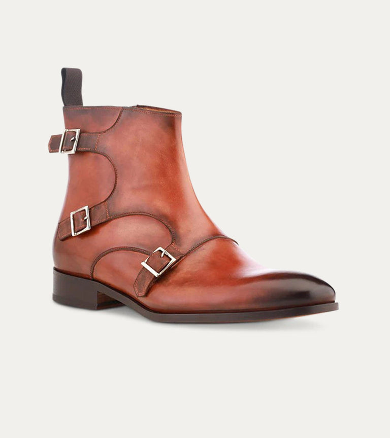 Tristan Triple Monkstrap Boot in Cognac Nicol - Ace Marks