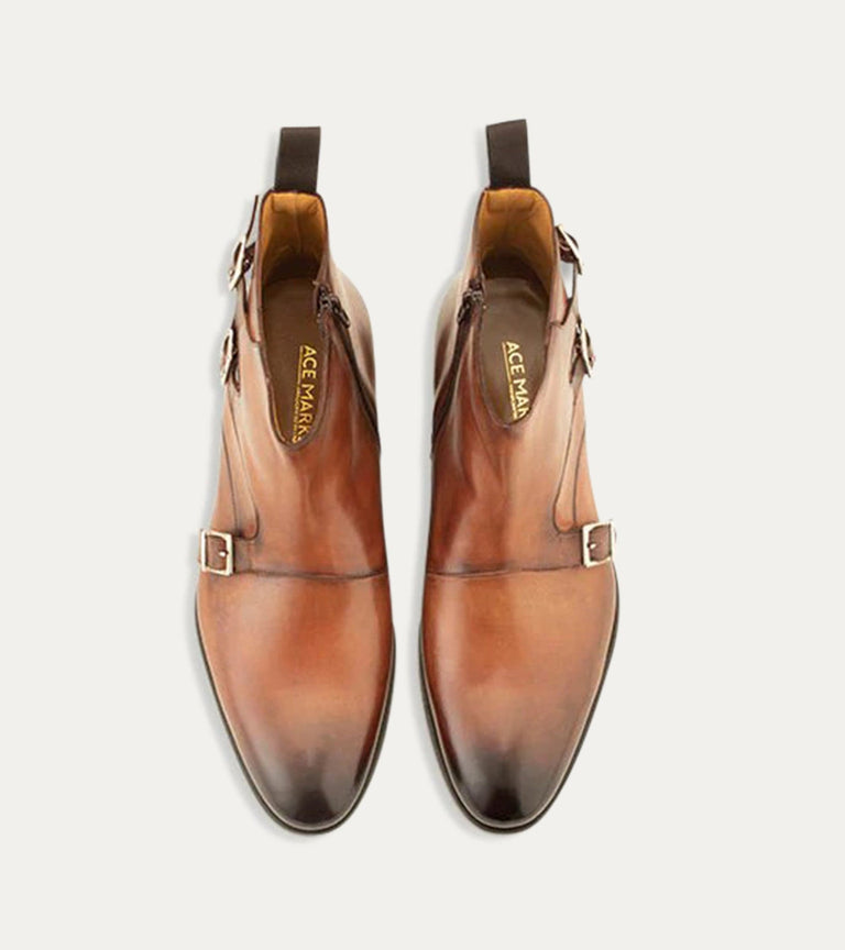 Tristan Triple Monkstrap Boot in Cognac Nicol - Ace Marks