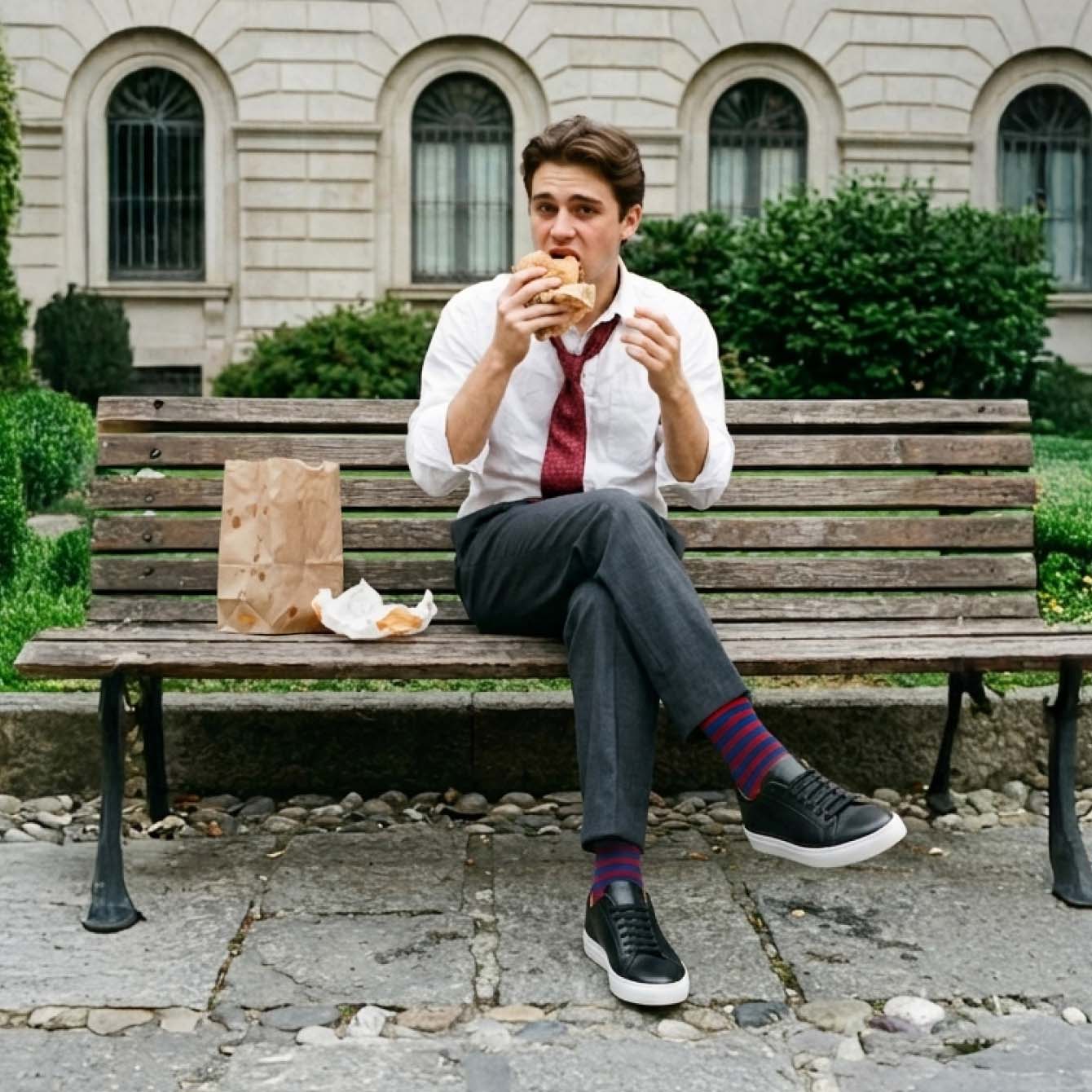 Man sitting on bench eating lunch wearing men's black Italian leather lace-up sneakers with white rubber soles
