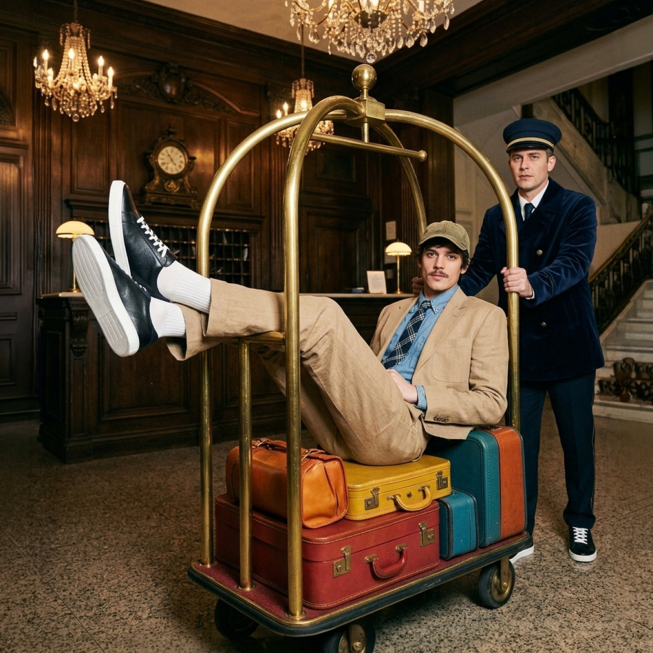 Man on hotel lobby luggage cart wearing suit with men's black Italian leather lace-up sneakers with white rubber soles for travel