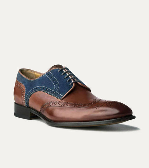 Wingtip Brown Antique & Blue Suede - Ace Marks