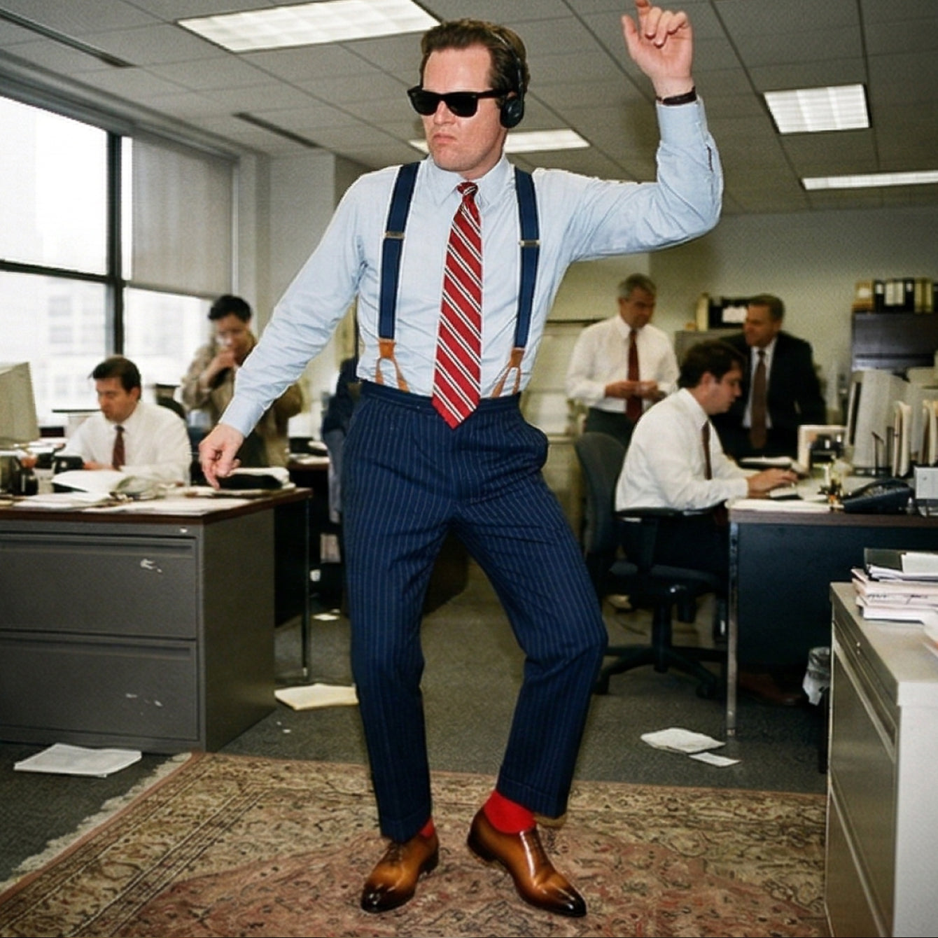 Man dancing in office wearing men's Italian brown leather lace-up dress shoes