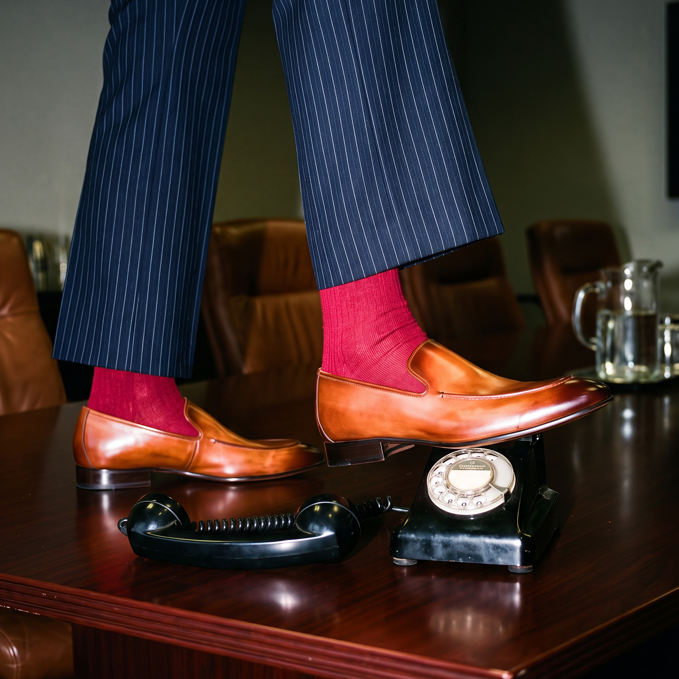 A person wearing navy pinstripe trousers, bright red socks, and polished men's Italian brown leather slip-on dress loafer shoes stands in an office setting, with one shoe lifted slightly off the table while resting the other on a vintage black rotary telephone. A black rotary phone lies on the wooden table in the foreground.