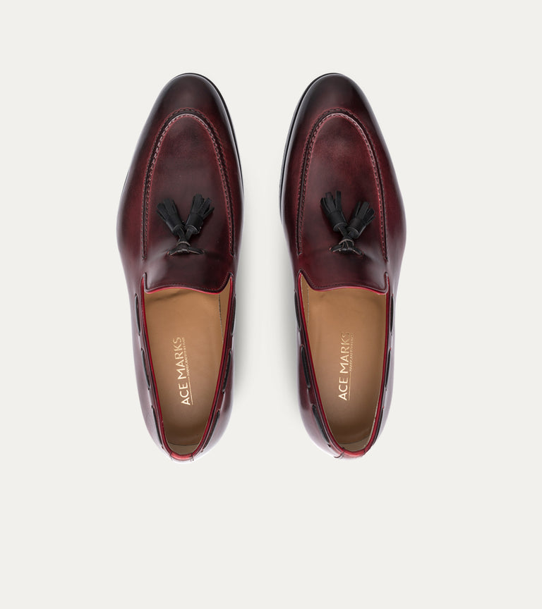 Men's brown Italian leather loafer dress shoes with tassels