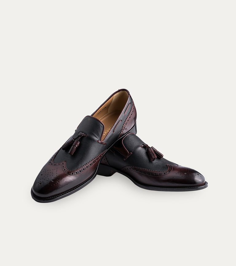 Men's brown and black Italian leather dress loafer shoes with tassel