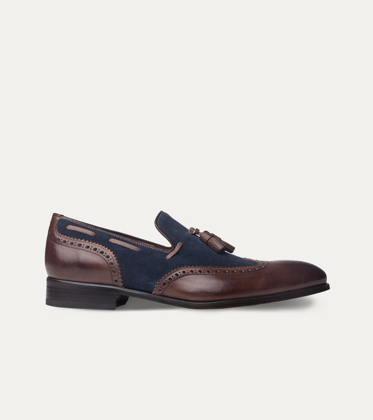 Men's brown Italian leather and blue suede dress loafer shoe with tassel