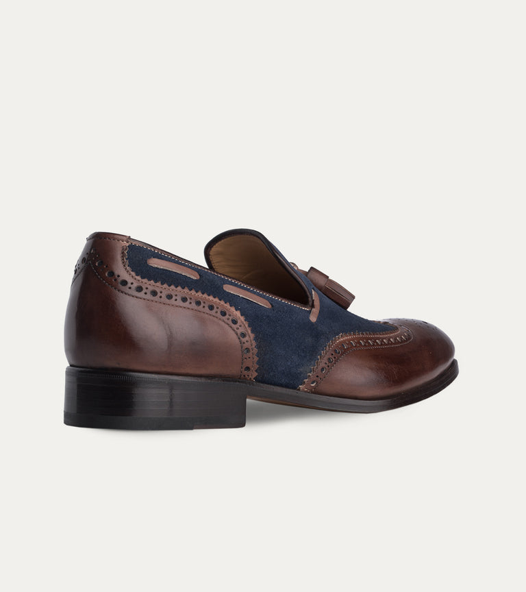 Men's brown Italian leather and blue suede dress loafer shoe with tassel