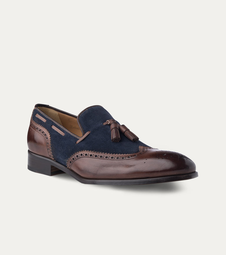 Men's brown Italian leather and blue suede dress loafer shoe with tassel