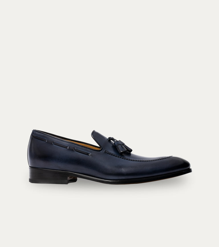 Men's blue Italian leather loafer dress shoes with tassel