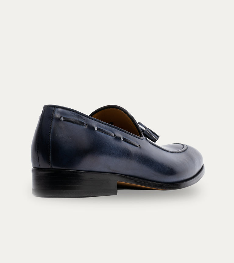 Men's blue Italian leather loafer dress shoes with tassel