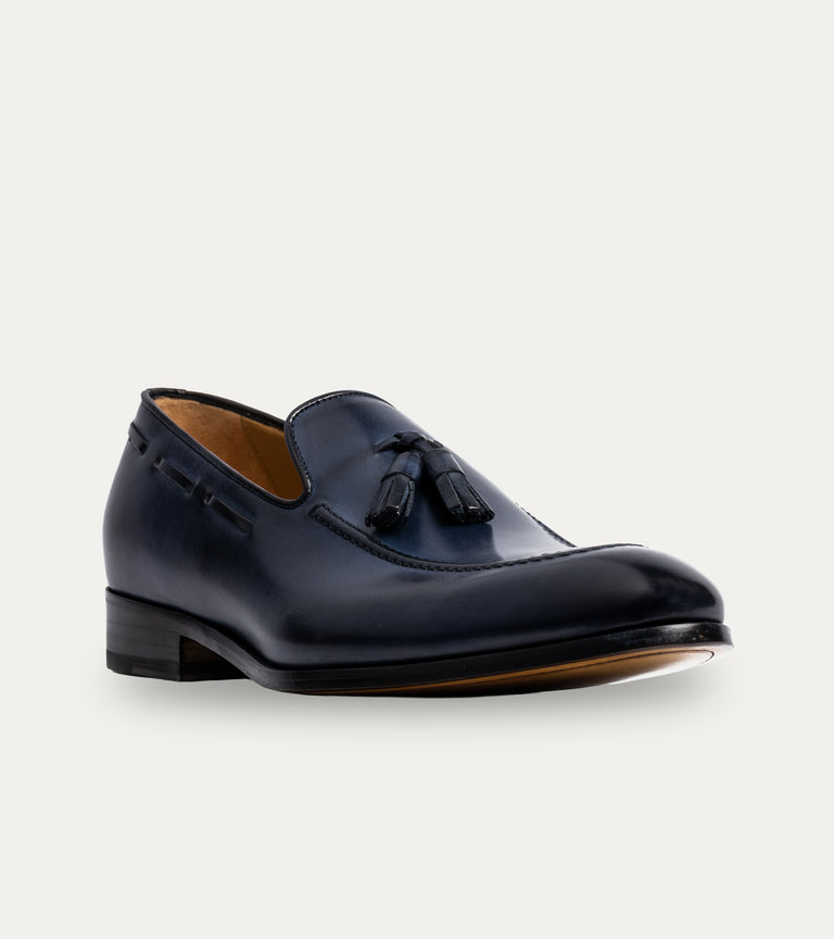 Men's blue Italian leather loafer dress shoes with tassel