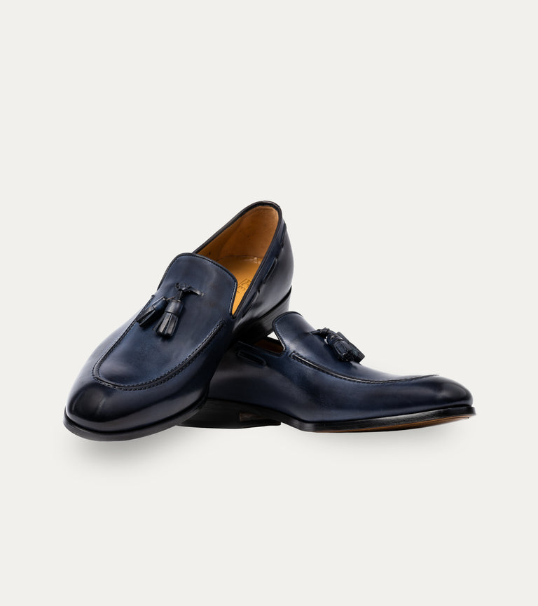 Men's blue Italian leather loafer dress shoes with tassel