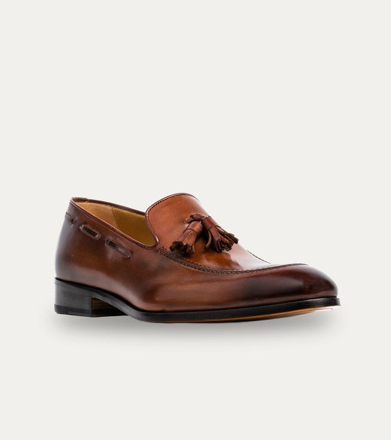 Men's Italian brown leather dress loafer shoe with tassel