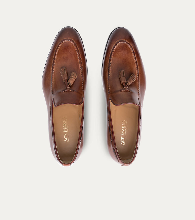 Men's Italian brown leather dress loafer shoe with tassel