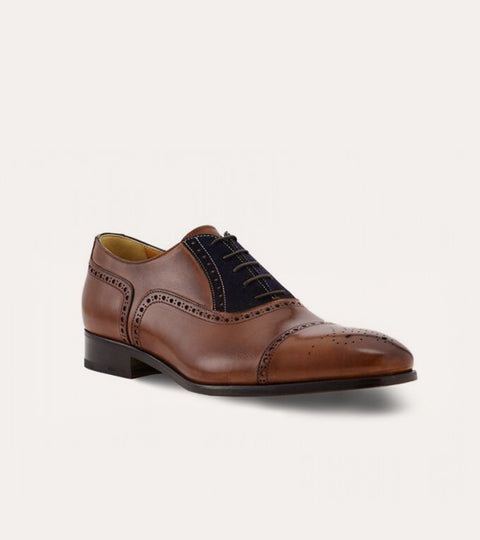 Men's brown Italian leather and blue suede accent oxford brogue lace-up dress shoe
