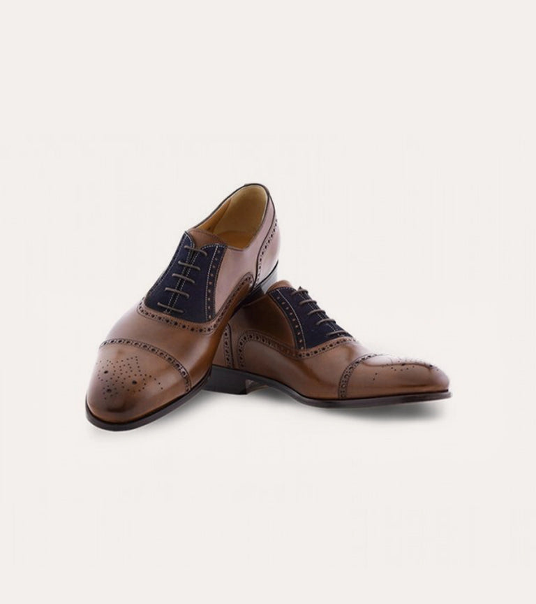 Men's brown Italian leather and blue suede accent oxford brogue lace-up dress shoe